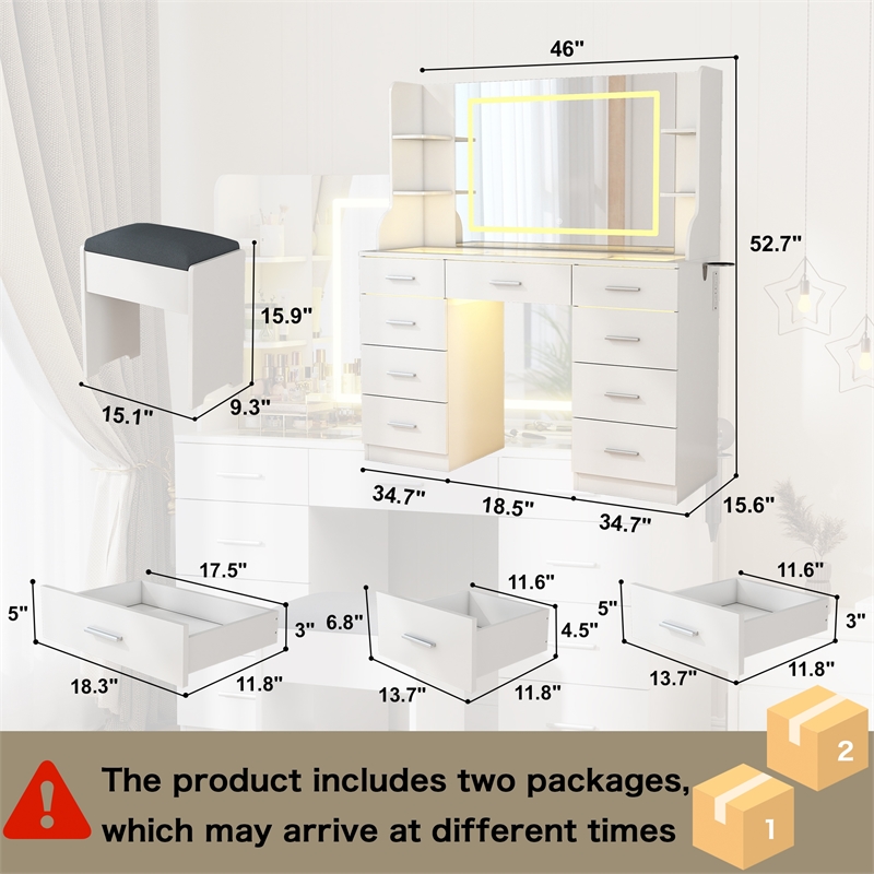 Pemberly Row Vanity Table with LED Mirror and 8 Drawers in White