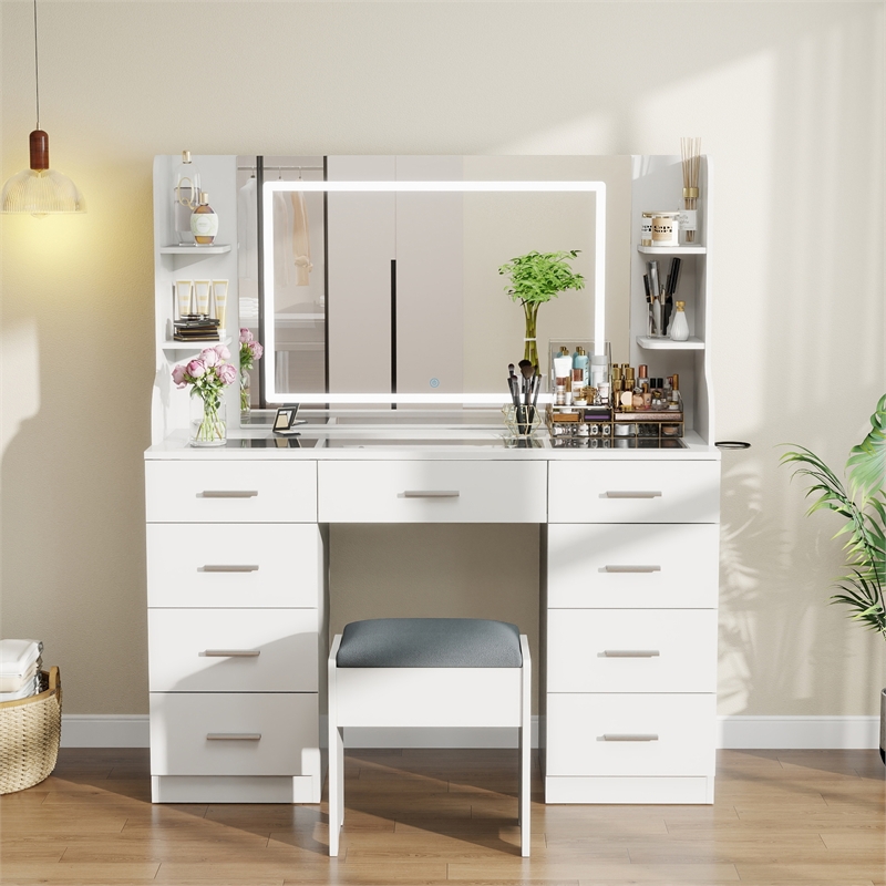 Pemberly Row Vanity Table with LED Mirror and 8 Drawers in White