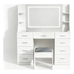 Pemberly Row Vanity Table with LED Mirror and 8 Drawers in White