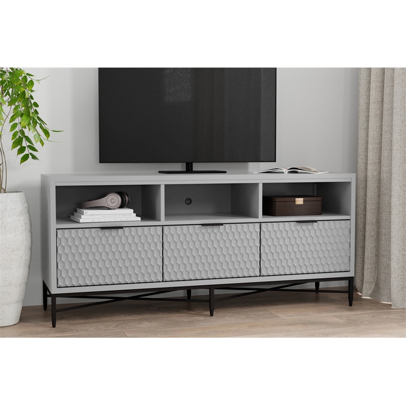 Pemberly Row Mahogany 3 Drawer TV Console in Light Slate Grey