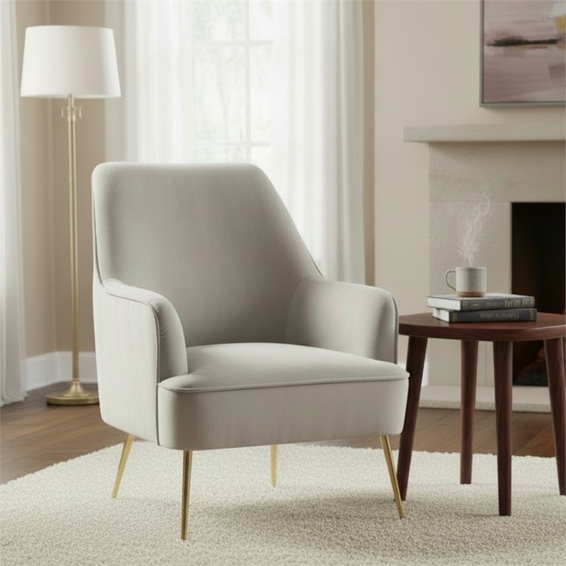 Pemberly Row Velour Upholstered Leisure Accent Chair in Gray