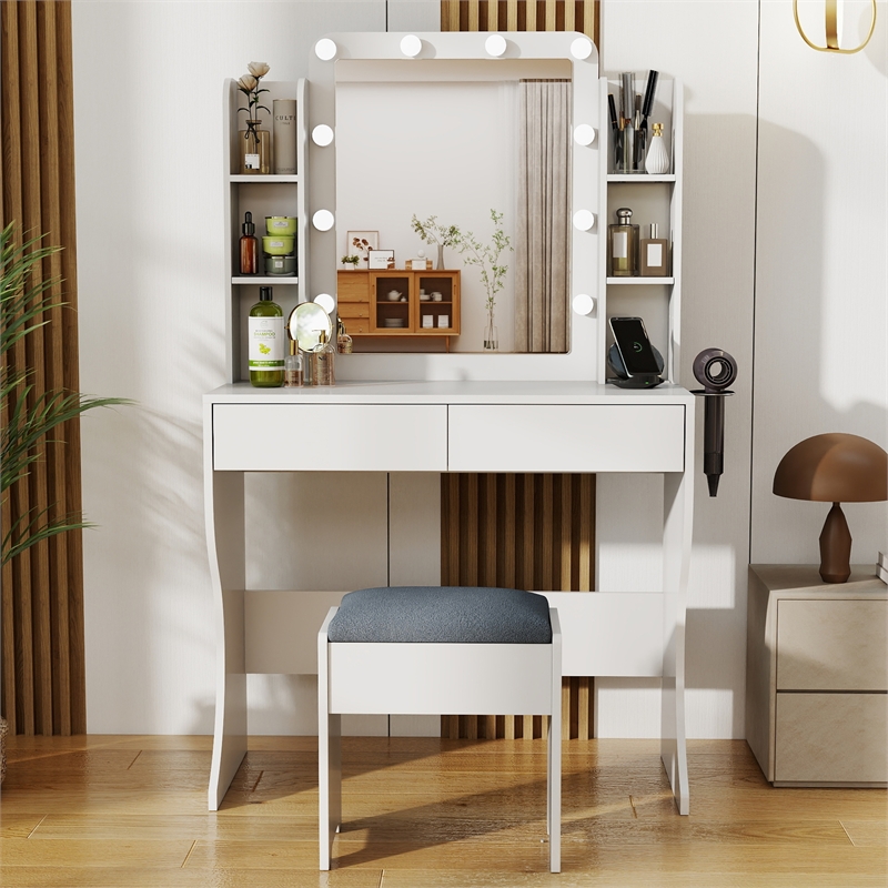Pemberly Row Vanity Desk with Lighted Mirror and Stool in White