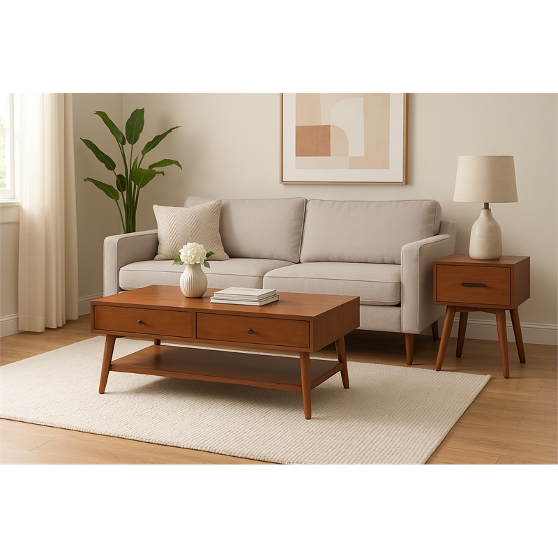 Pemberly Row Rectangular Wood End Table with Drawer in Chestnut Brown