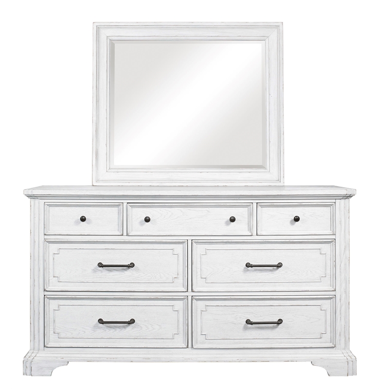 Pemberly Row Wood 7 Drawer Bedroom Dresser with Jewelry Tray in White Mist