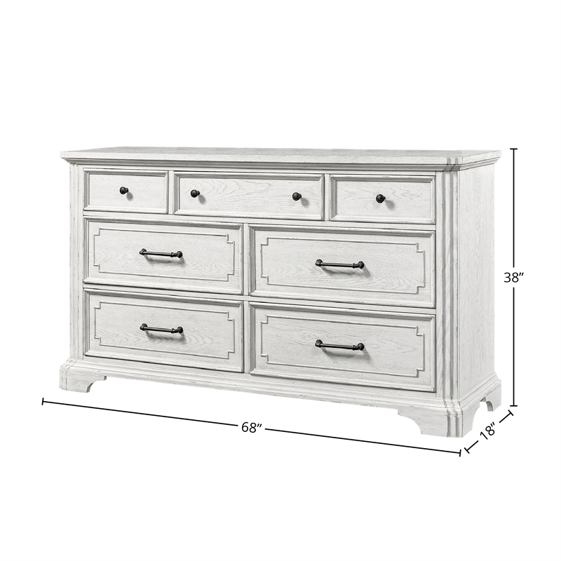 Pemberly Row Wood 7 Drawer Bedroom Dresser with Jewelry Tray in White Mist