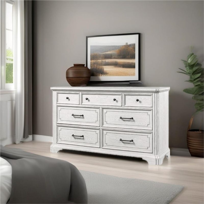 Pemberly Row Wood 7 Drawer Bedroom Dresser with Jewelry Tray in White Mist