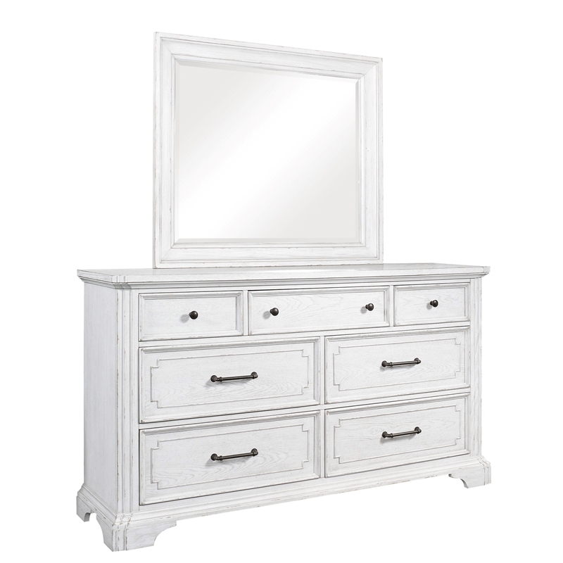 Pemberly Row Wood 7 Drawer Bedroom Dresser with Jewelry Tray in White Mist