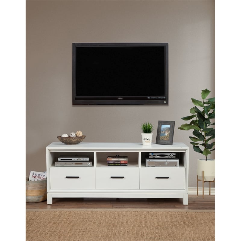 Pemberly Row Mahogany 3 Drawer TV Console with Shelves in White