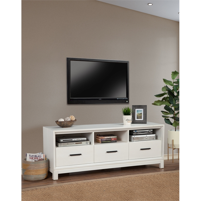 Pemberly Row Mahogany 3 Drawer TV Console with Shelves in White