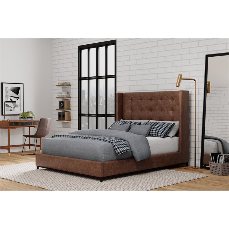 Pemberly Row Tufted Wingback Upholstered Full Platform Bed in Brown