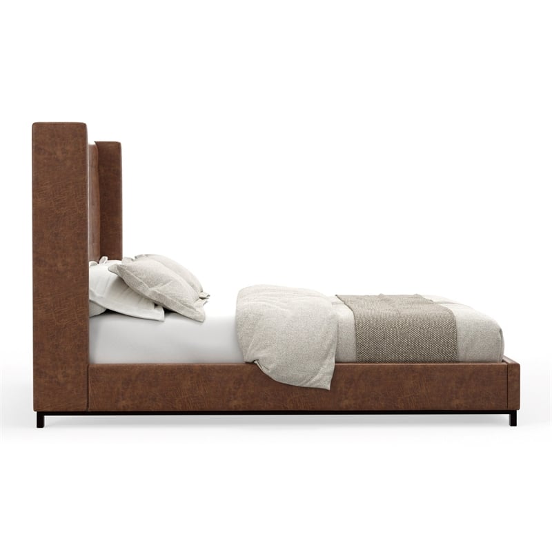 Pemberly Row Tufted Wingback Upholstered Full Platform Bed in Brown