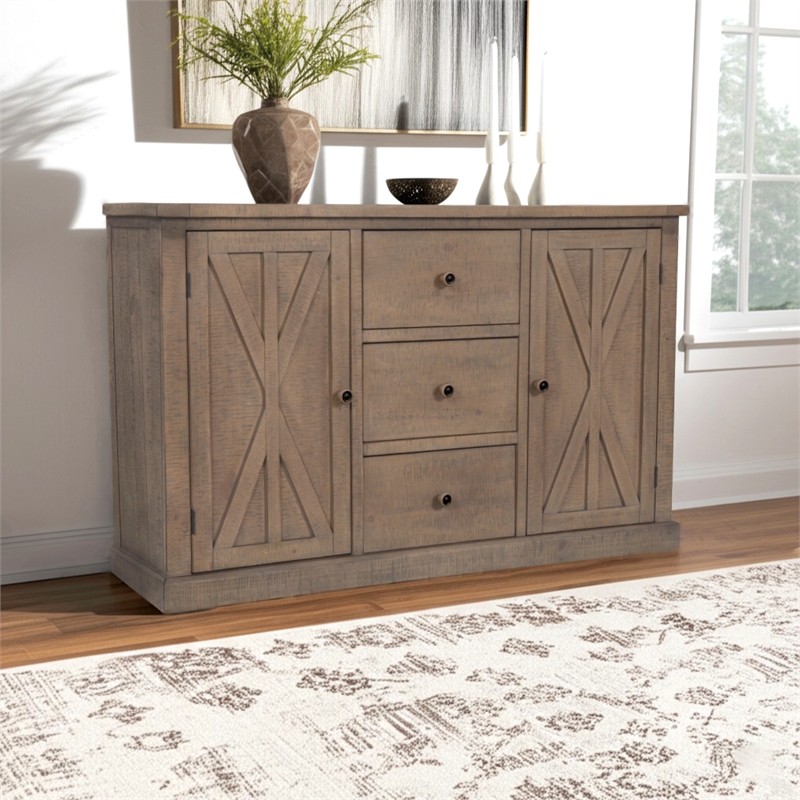 Pemberly Row Pine Wood Sideboard with 3 Drawers in Natural Brown