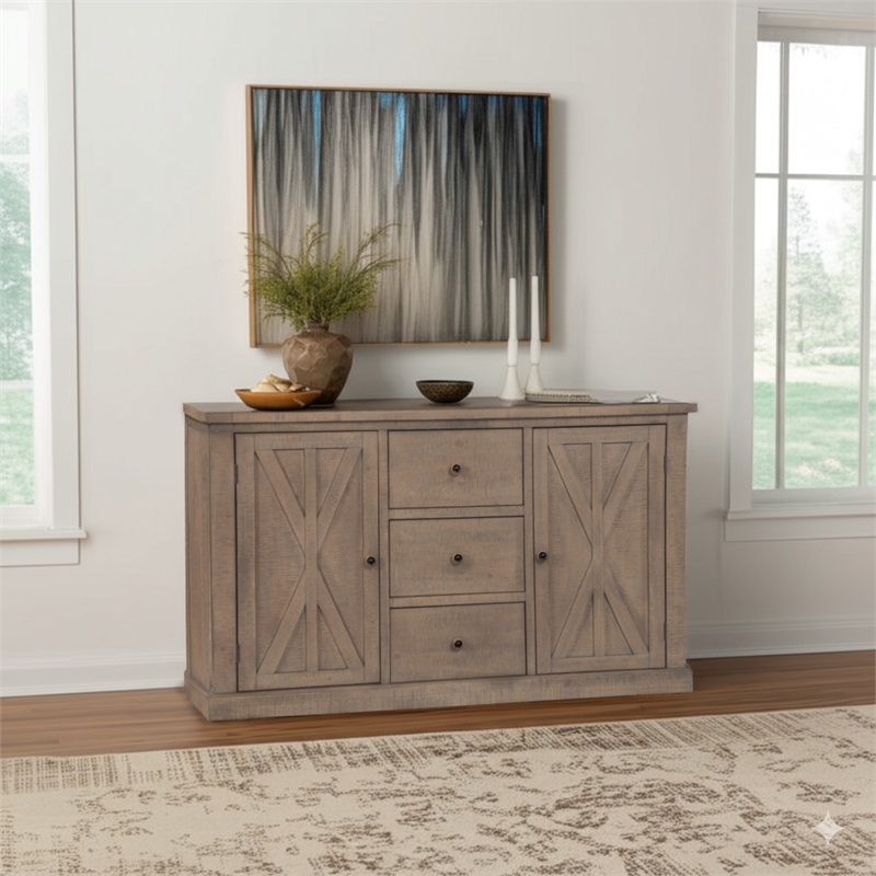 Pemberly Row Pine Wood Sideboard with 3 Drawers in Natural Brown