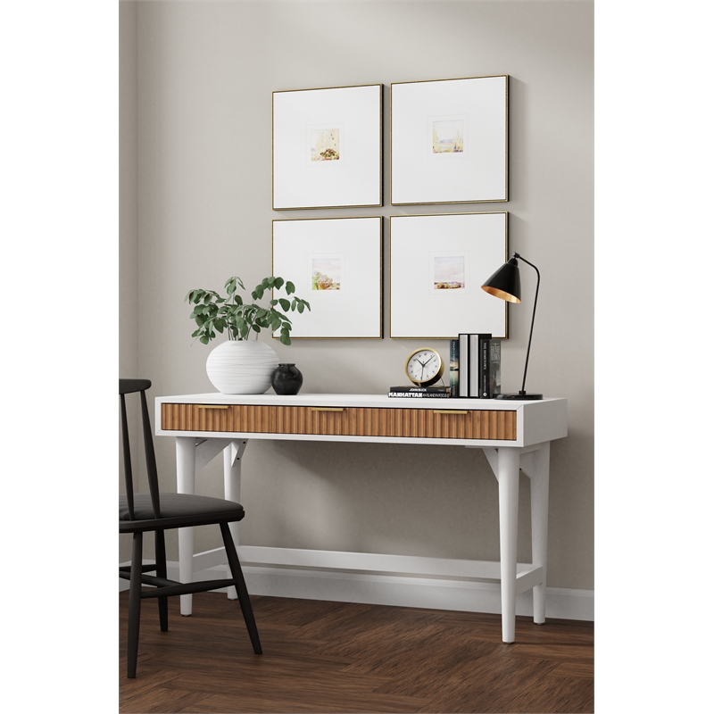Pemberly Row Mahogany Wood 3 Drawer Large Desk in Warm White