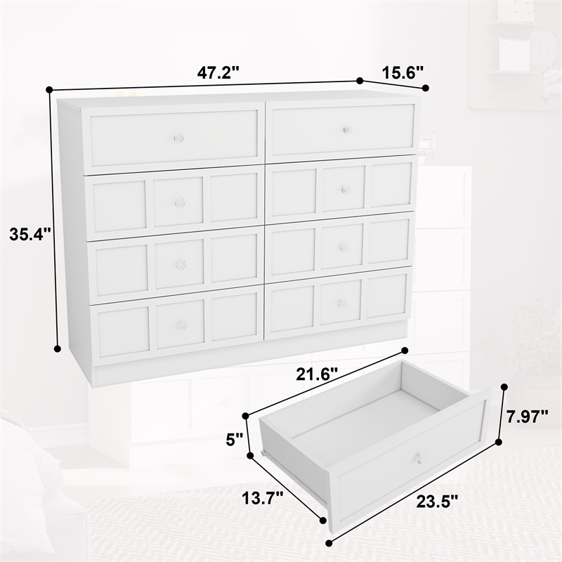 Pemberly Row Modern 8 Drawer Dresser with Crystal Knobs in White