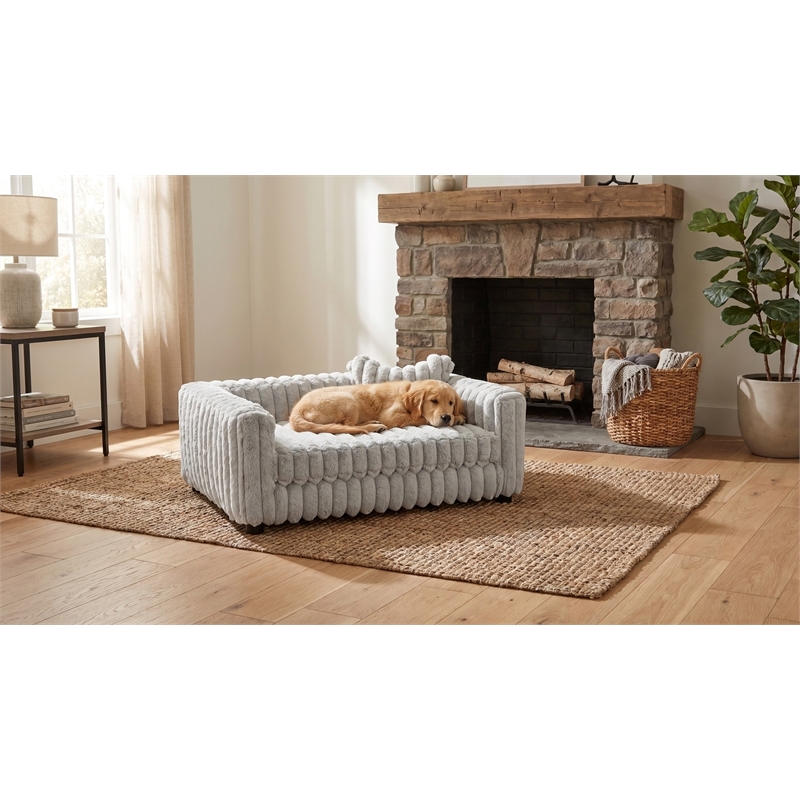 Pemberly Row Faux Fur Dog Sofa Bed with Bone Pillow in Mondo Silver