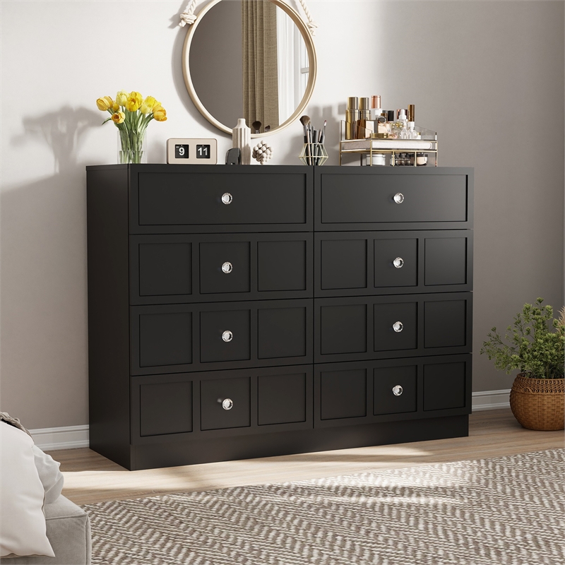 Pemberly Row Modern 8 Drawer Dresser with Crystal Knobs in Black