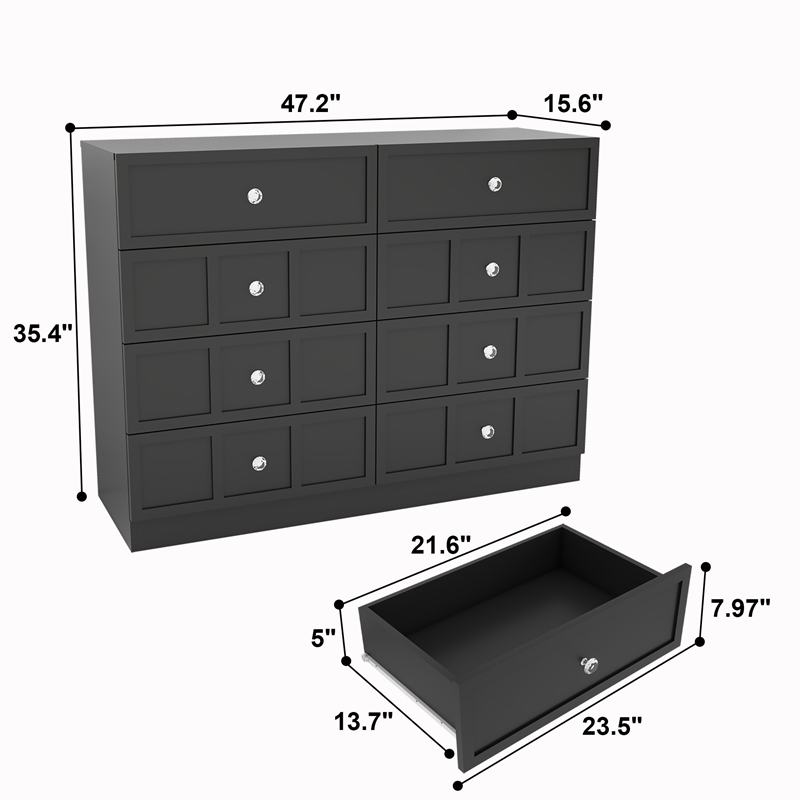 Pemberly Row Modern 8 Drawer Dresser with Crystal Knobs in Black