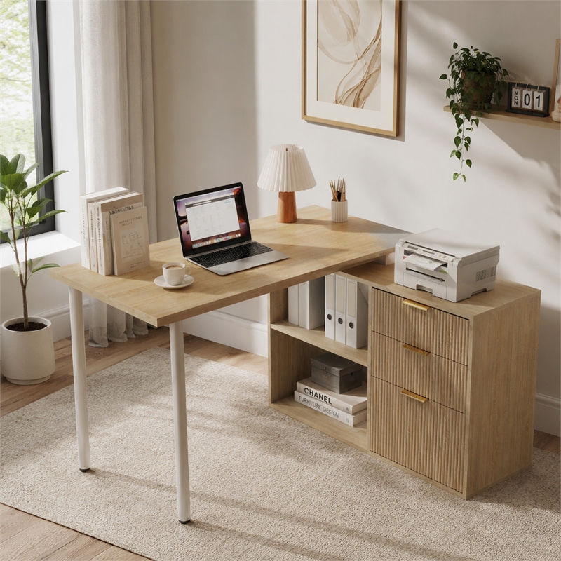 Pemberly Row L-Shaped Computer Desk with 3 Drawers in Light Wood