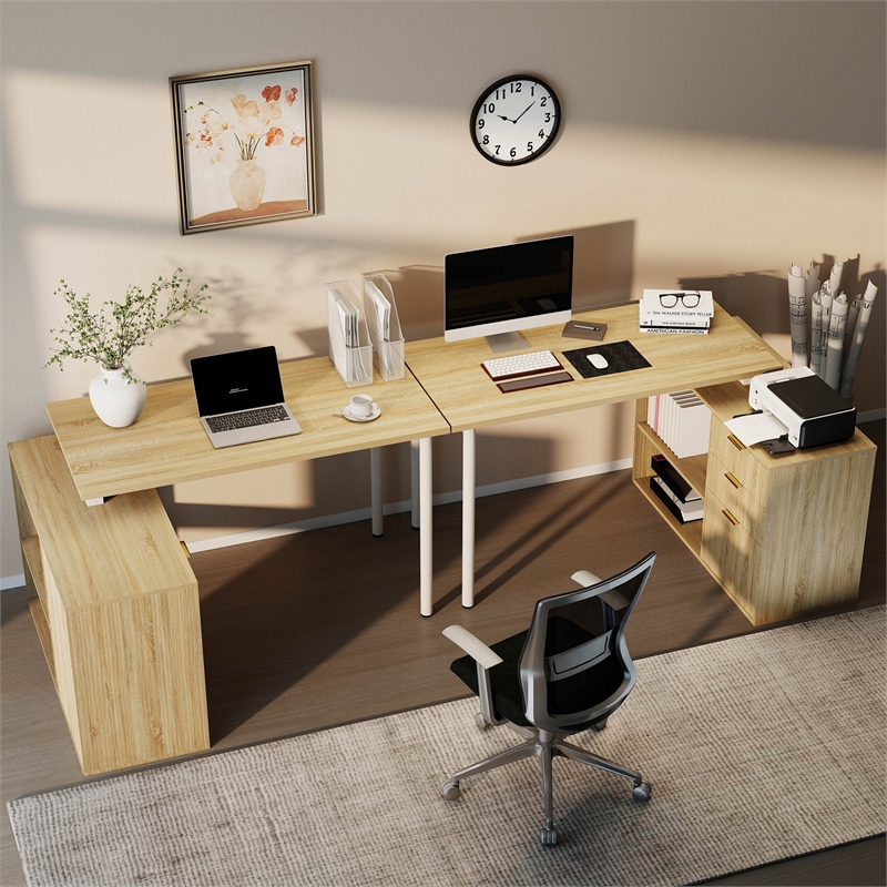 Pemberly Row L-Shaped Computer Desk with 3 Drawers in Light Wood