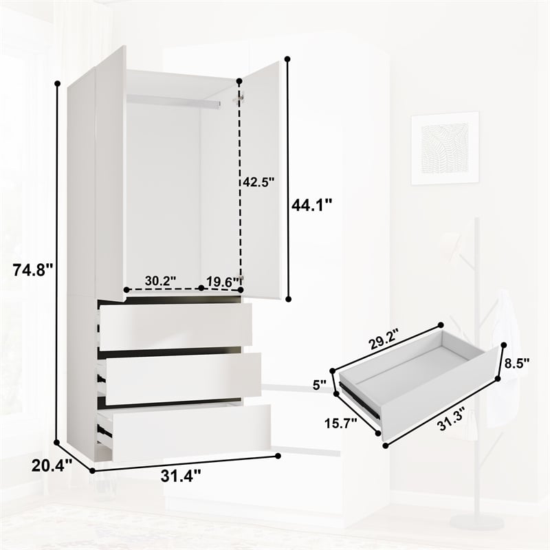 Pemberly Row Armoire Wardrobe Closet with 3 Drawers in White