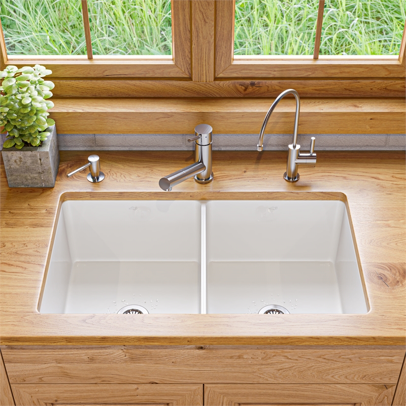 Pemberly Row 32 in x 19 in White Double Bowl Fireclay Kitchen Sink