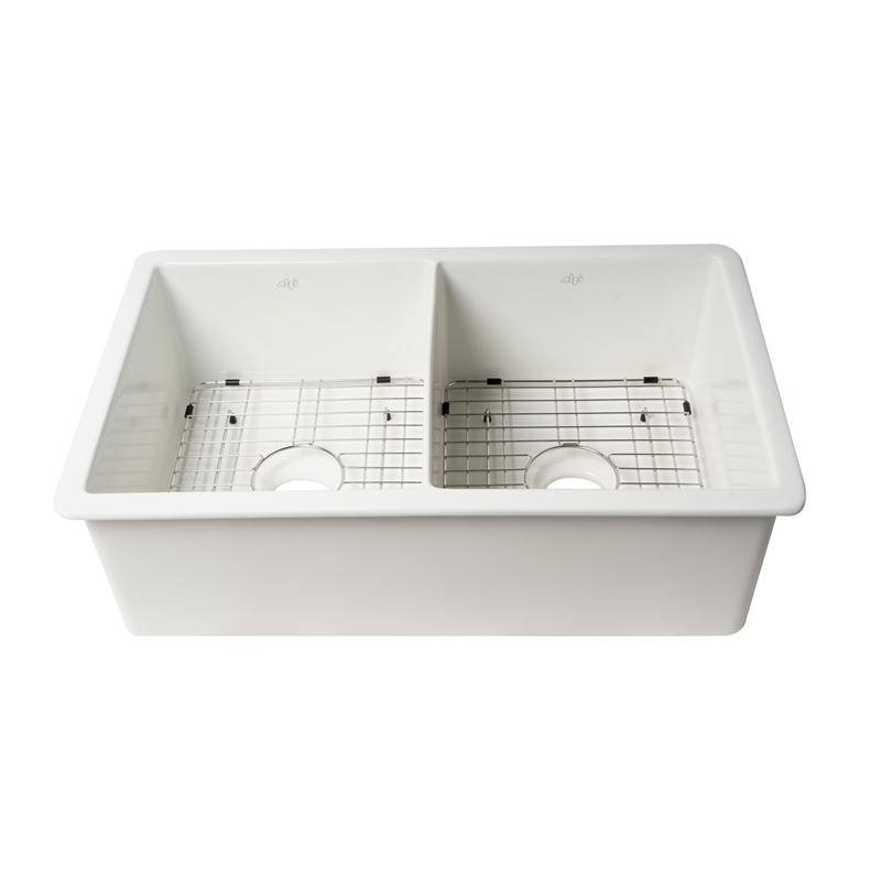 Pemberly Row 32 in x 19 in White Double Bowl Fireclay Kitchen Sink