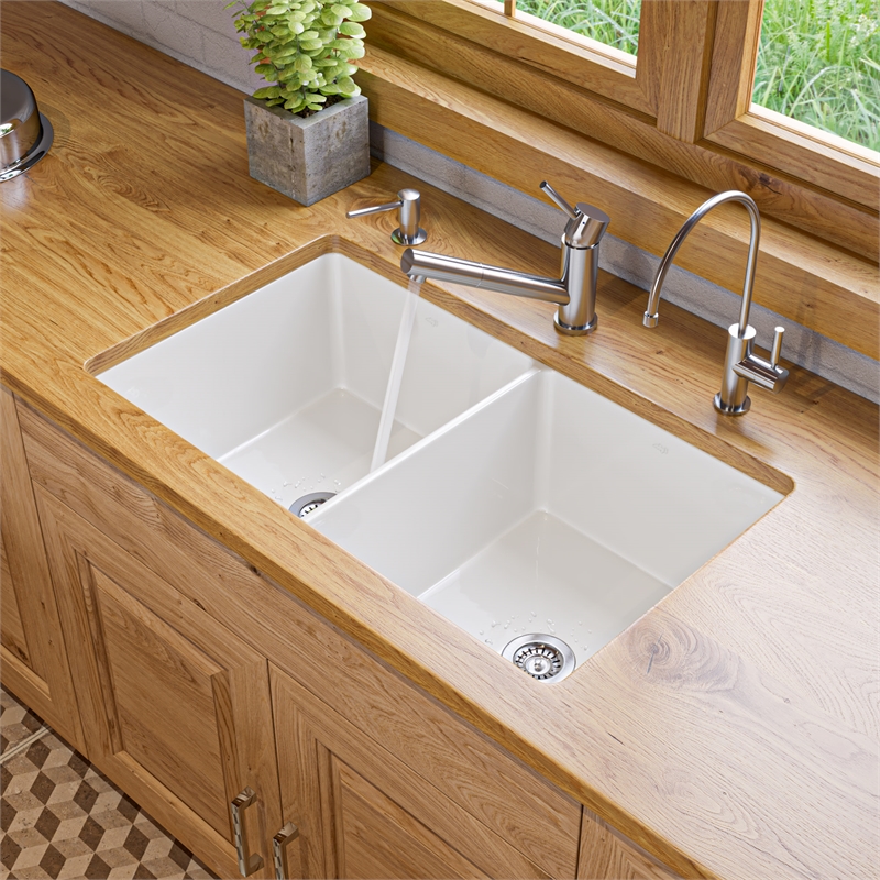 Pemberly Row 32 in x 19 in White Double Bowl Fireclay Kitchen Sink