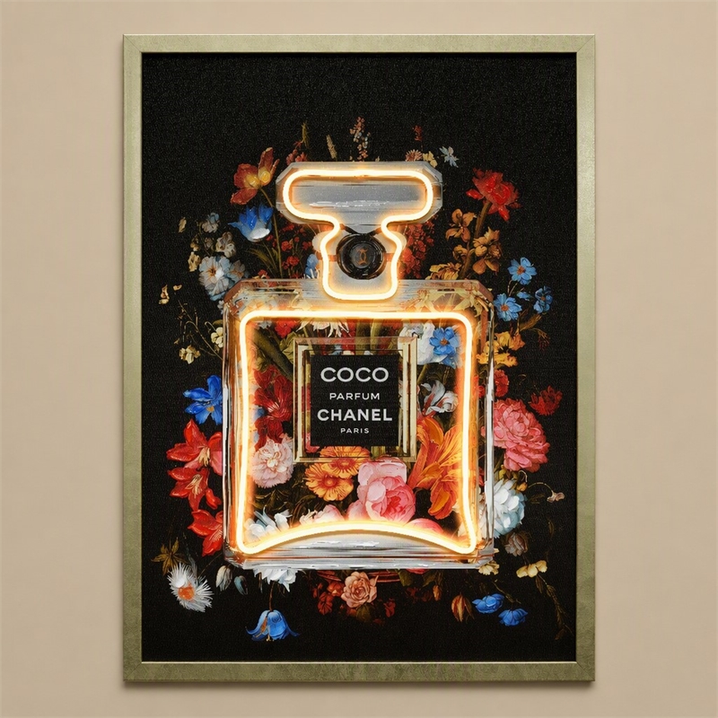 Pemberly Row Floral Multi-Color Canvas Neon Wall Art with Wood Frame
