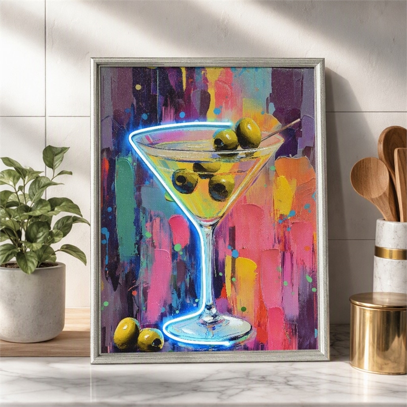 Pemberly Row Glow Martini Multi-Color Canvas Neon Wall Art with Wood Frame