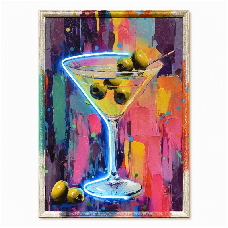 Pemberly Row Glow Martini Multi-Color Canvas Neon Wall Art with Wood Frame