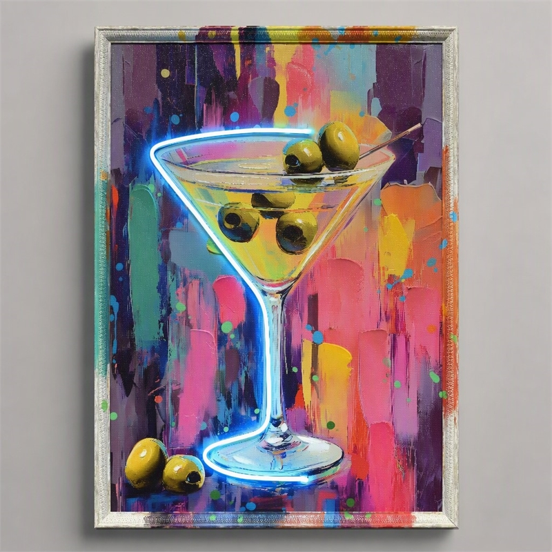 Pemberly Row Glow Martini Multi-Color Canvas Neon Wall Art with Wood Frame