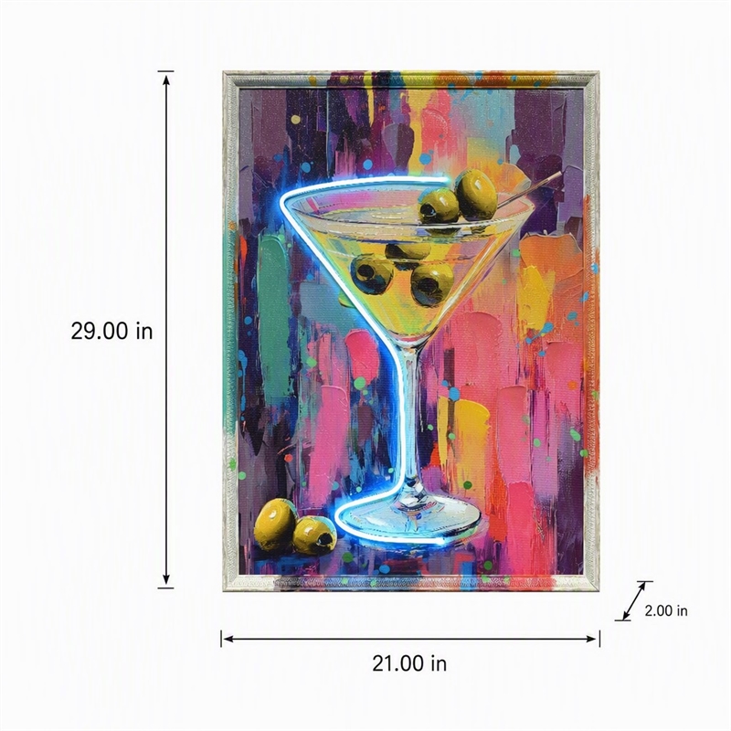 Pemberly Row Glow Martini Multi-Color Canvas Neon Wall Art with Wood Frame