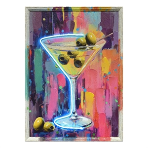 Pemberly Row Glow Martini Multi-Color Canvas Neon Wall Art with Wood Frame