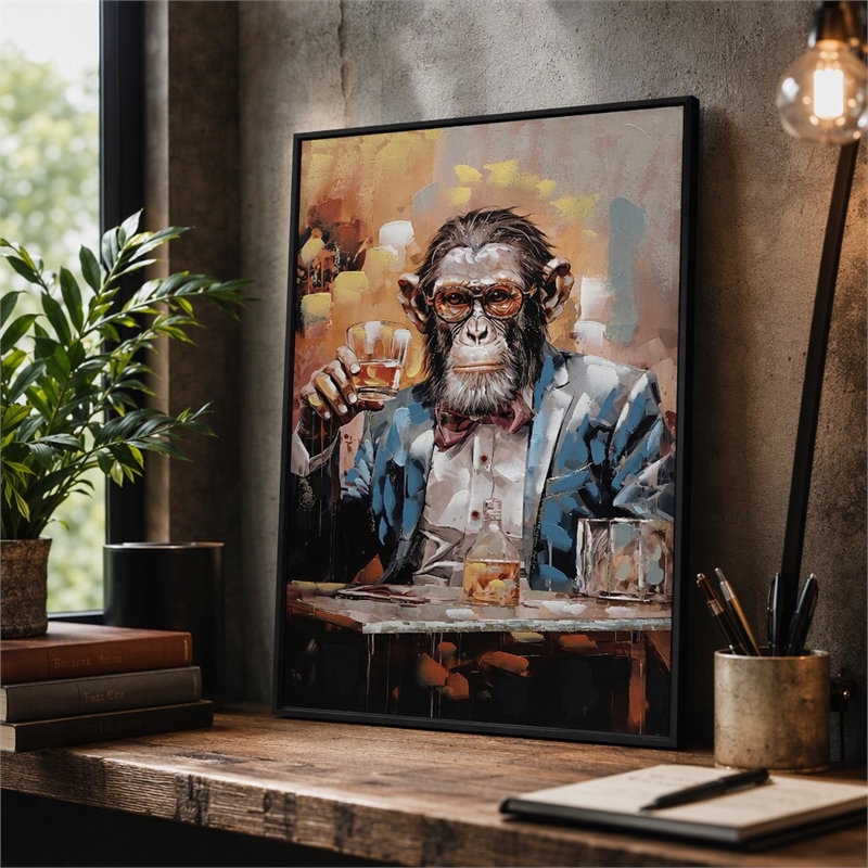 Pemberly Row Chimpanzee Canvas Wall Art Black Wood Frame 28