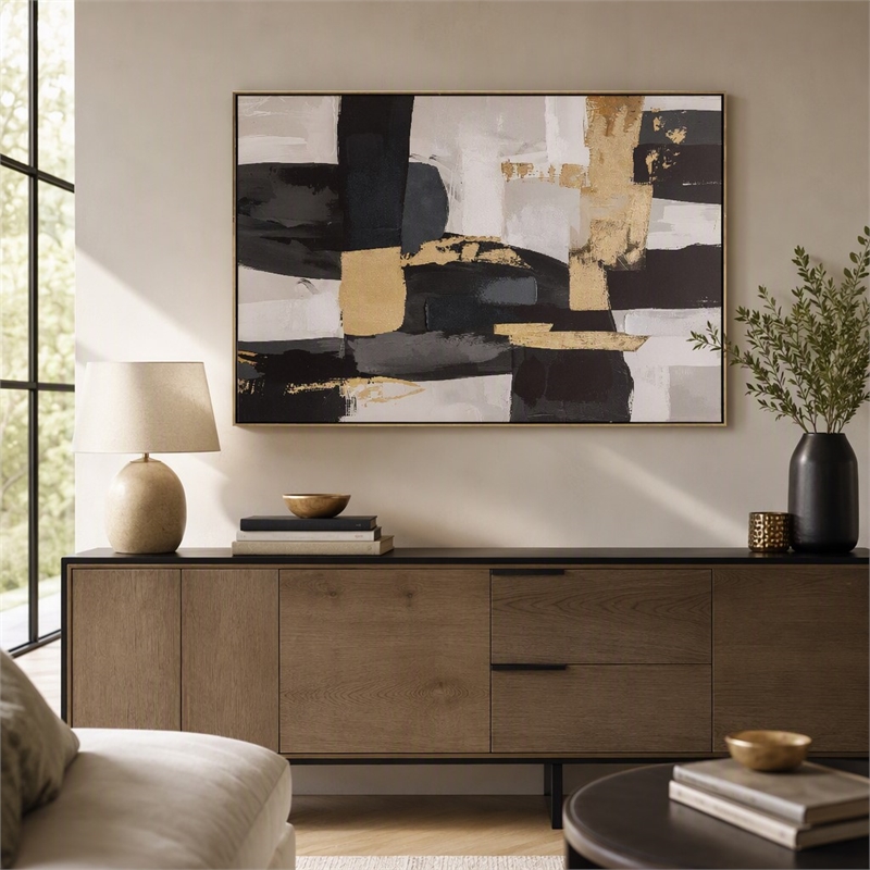 Pemberly Row Golden Noir Fusion Canvas Wall Art Gold Wood Frame 60