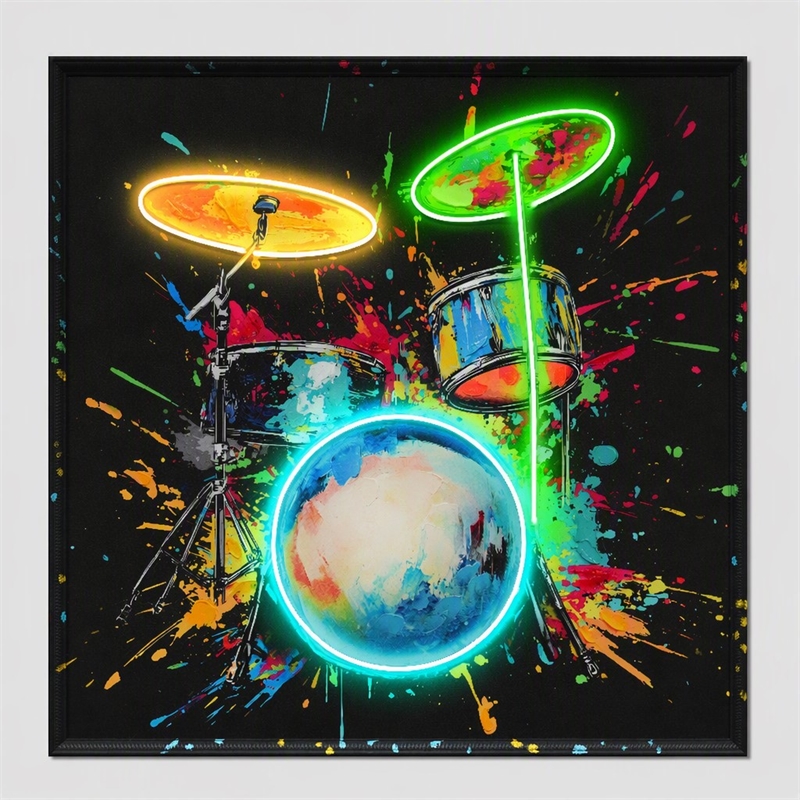 Pemberly Row Neon Drum Canvas Wall Art with Black Frame and Multi-Color