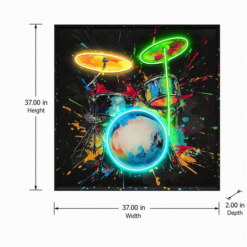 Pemberly Row Neon Drum Canvas Wall Art with Black Frame and Multi-Color