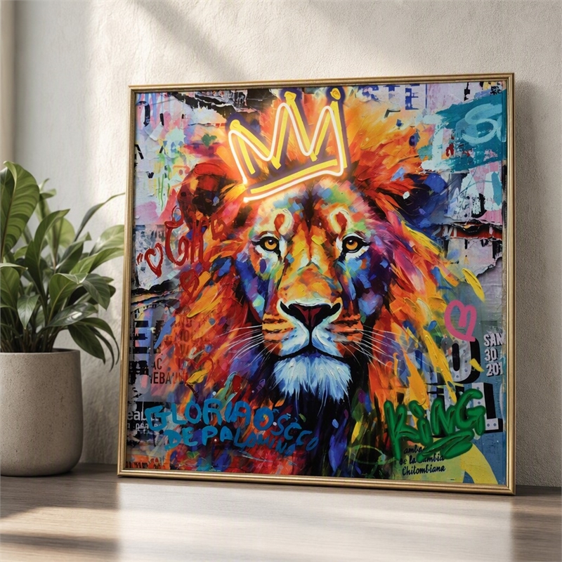 Pemberly Row Lion with Crown Canvas Neon Wall Art with Multi-Color Frame
