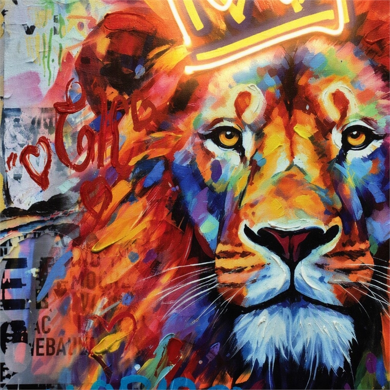 Pemberly Row Lion with Crown Canvas Neon Wall Art with Multi-Color Frame