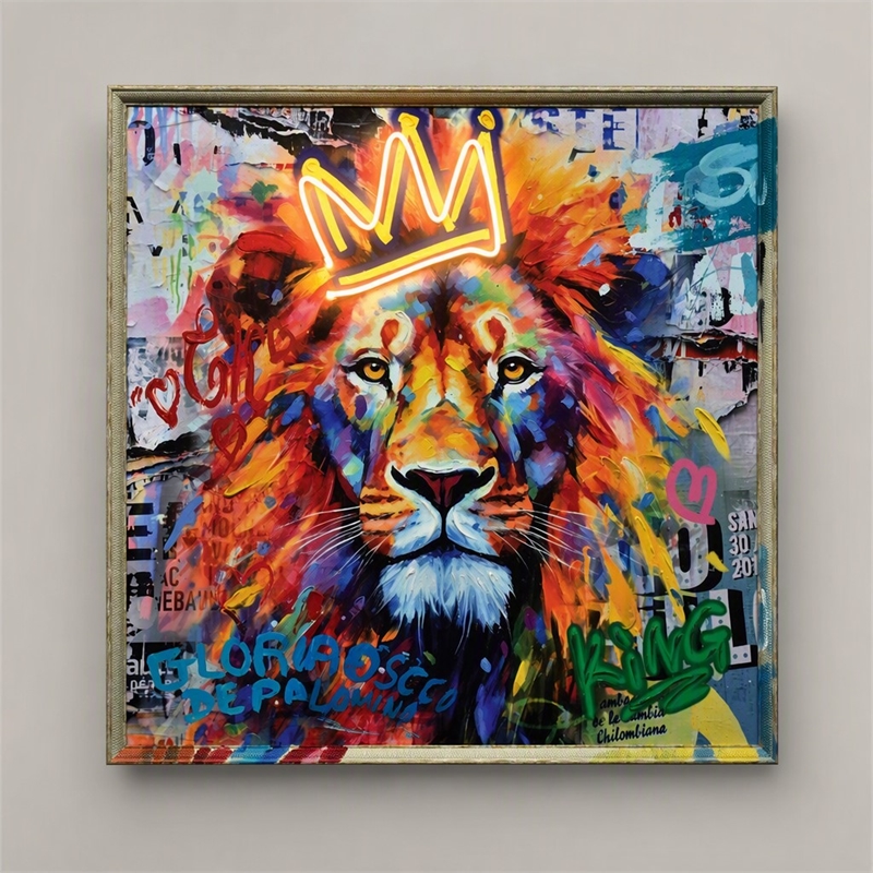 Pemberly Row Lion with Crown Canvas Neon Wall Art with Multi-Color Frame