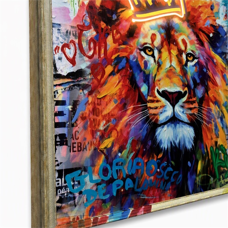 Pemberly Row Lion with Crown Canvas Neon Wall Art with Multi-Color Frame