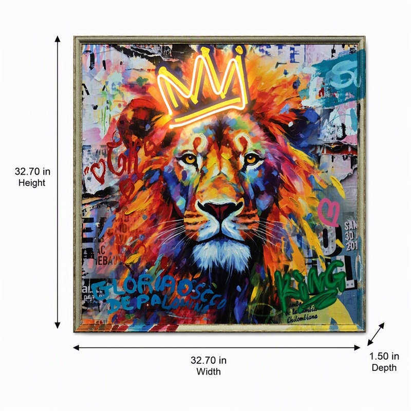 Pemberly Row Lion with Crown Canvas Neon Wall Art with Multi-Color Frame