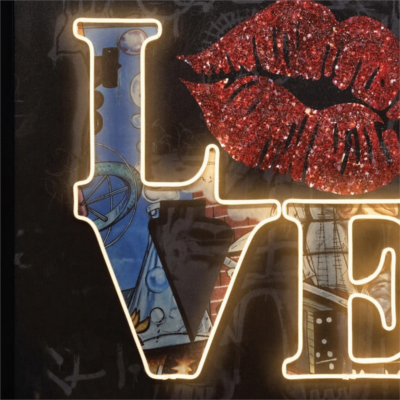 Pemberly Row Love Neon Canvas Wall Art with Red Lips - Multi-Color Frame