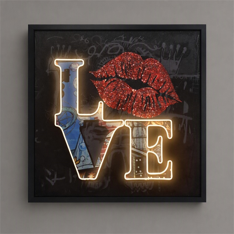 Pemberly Row Love Neon Canvas Wall Art with Red Lips - Multi-Color Frame