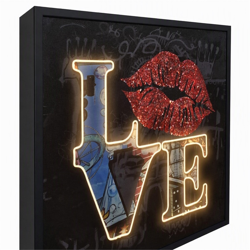 Pemberly Row Love Neon Canvas Wall Art with Red Lips - Multi-Color Frame