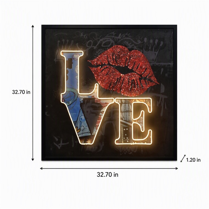 Pemberly Row Love Neon Canvas Wall Art with Red Lips - Multi-Color Frame