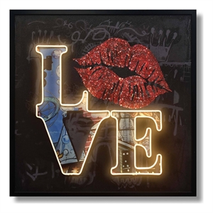 Pemberly Row Love Neon Canvas Wall Art with Red Lips - Multi-Color Frame