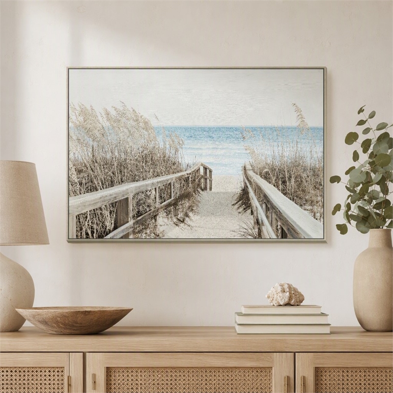 Pemberly Row Coastal Multi-Color Canvas Wall Art with Beige Wood Frame