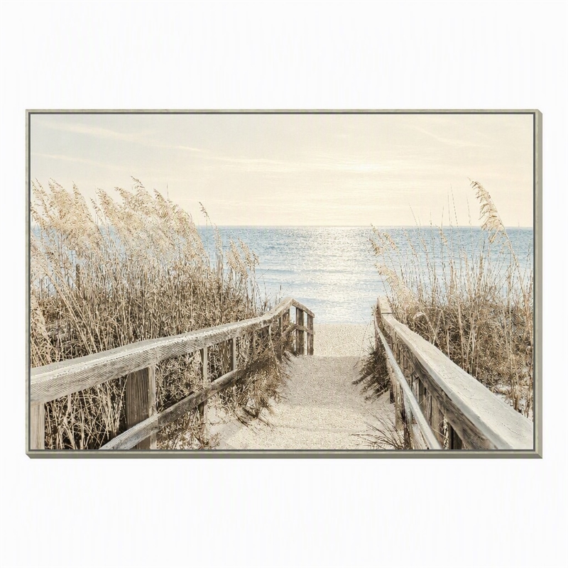 Pemberly Row Coastal Multi-Color Canvas Wall Art with Beige Wood Frame